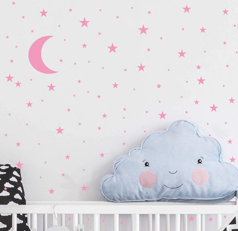 Moon and Stars Wall Decal Vinyl Sticker - Good Night Nursery Decor for Kids Room (Soft Pink)