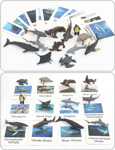 Small Montessori Animal Figures with Flash Cards, Realistic Figurines Toys, Educational Matching Game for Kids