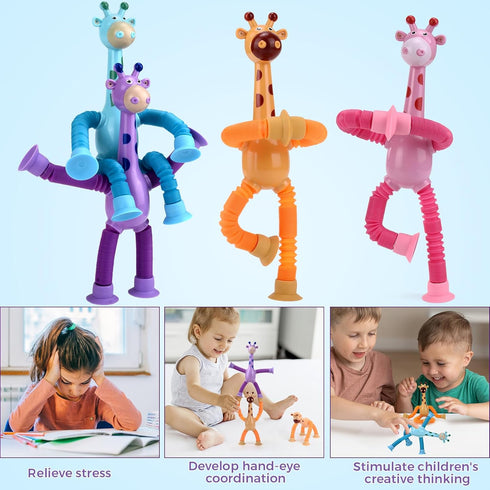 12Pack Telescopic Suction Cup Giraffe Toy, Educational Fidget Toys for Kids Age 3-9, Pop Tubes Toddler Travel Toys