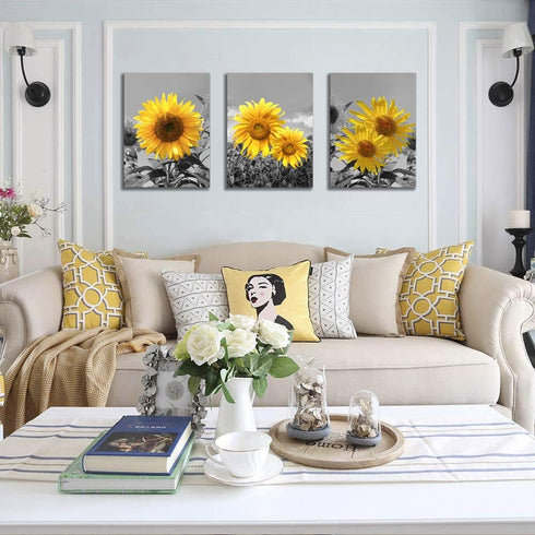 USIXA 3 1216 Inches Sunflower Wall Art for Living Room Black White Flowers Wall Decor Yellow Floral Canvas Prints
