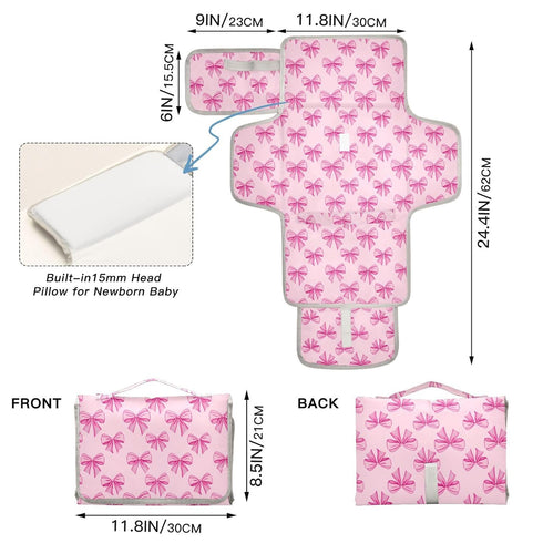 Msyxl Portable Changing Pad for Baby - Pink Bows Waterproof Diaper Changing Mat Travel Changing Pad with Built