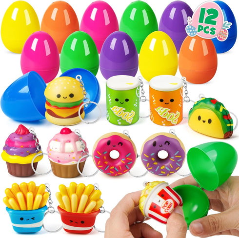 IJIGU 12 Pack Prefilled Easter Eggs with Food Squishy Toys Keychains, Easter