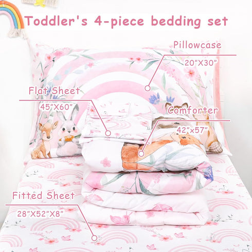 Set 4 Set Hooyax Toddler Bedding for Girls - Piece Rainbow Toddler Comforter Includes Fitted Sheet, Comforter
