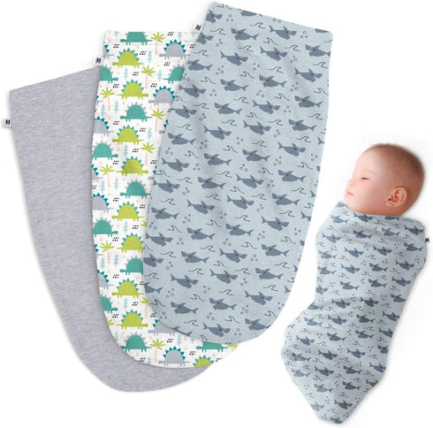 Henry Hunter Baby Swaddle Sack, Soft Stretchy Cotton Swaddles for Newborns, Pack of 3, Dinosaur, Shark, Light Heather