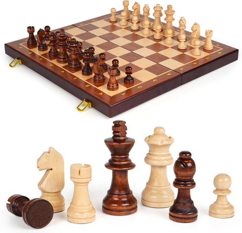 Set 15-Inch Set 2 Wooden Magnetic Chess Foldable Wooden Chess Board with Magnetic Pieces, Portable Travel Chess