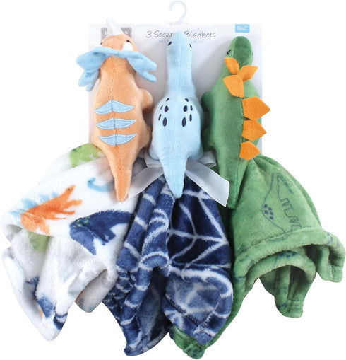 3-Pack, Hudson Baby Unisex Baby Animal Face Security Blanket, Dinosaurs One Size