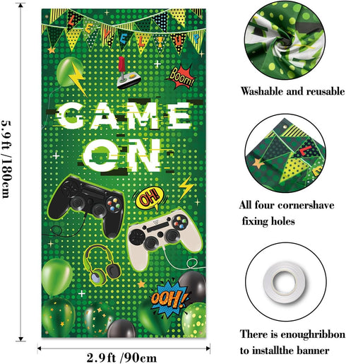 Green Level Up Game On Door Banner,Video Game Party Decoration,Video Gaming Photo Door Backdrop Background,Video Games Handle Gamepad Theme Decor for Boys 1st Birthday Party.5.9 * 2.9FT