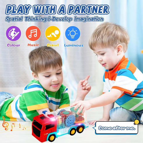 Light Up Sensory Car Toy for Kids, Transparent Gear Fire Truck with Colorful Moving Gears, Music and Lights
