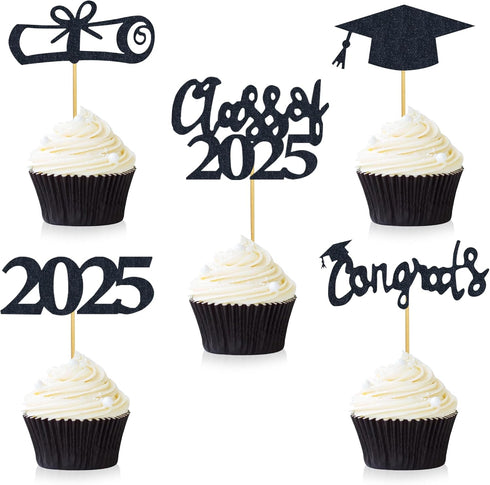 30 PCS Graduation Cupcake Toppers 2025, Grad Cap Cake Toppers, Food Picks for Party Supplies & Favors, 5 Styles