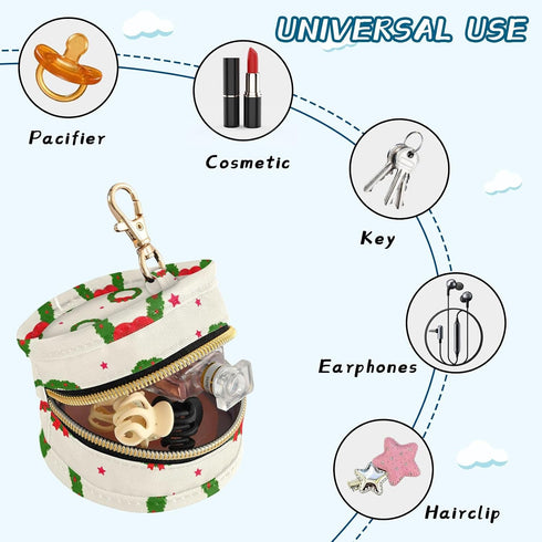 Christmas Decoration Round Pacifier Storage Case with Zipper, Portable Pacifier Case for Travel, Diaper Bag & Purse