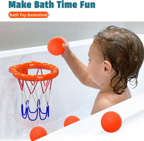 Bath Toys – Bathtub Basketball Hoop for Toddlers, 4 No-Hole Balls & Strong Suction Cups, Fun Bath Toy