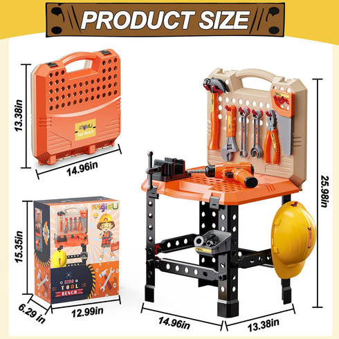 Kids Tool Bench Set, MAGIC4U 95PCS Toddler Workbench with Electronic Drill, Safety Vest & Hat for Ages 3-8