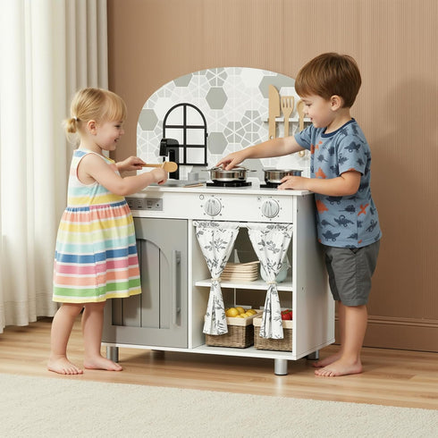 Set, Playset Arlopu Play Kitchen Kids Interactive Pretend Kitchen with Curtained Cabinet, Knobs, Faucet & Sink, Washing