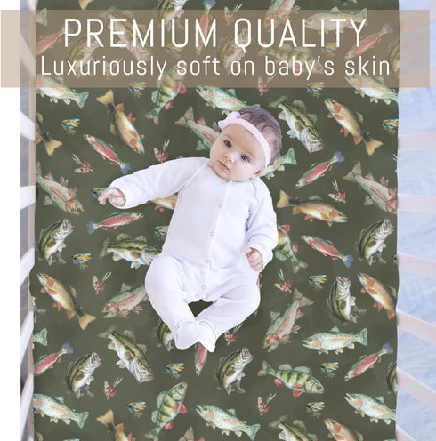 Selgkds 52''x28'' Neutral Fishing Baby Crib Sheets for Boys Vintage Bass Fishes Trout Soft Snug Fitted Crib Mattress