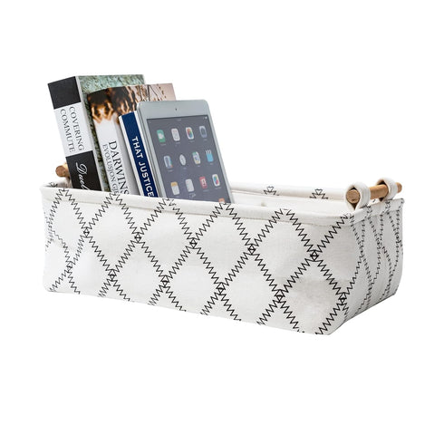 Decorative Rectangular Fabric Storage Bin Organizer Basket with Wooden Handles for Clothes, 12.6x8.7x4.7 inch, White