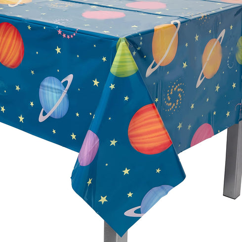 3 Pack Plastic Outer Space Tablecloths, Disposable Planets Table Covers for Galaxy Birthday Party (54 x 108 in)