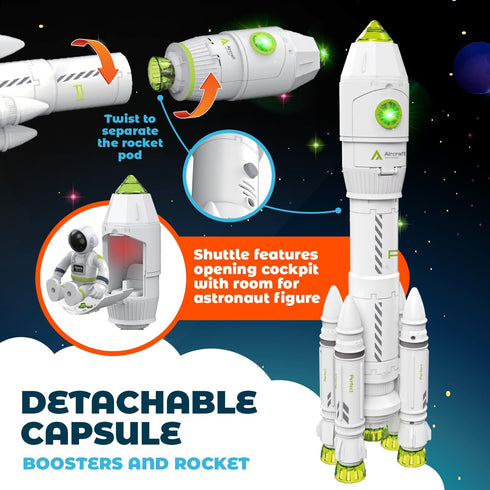 Playset 38, MOBIUS Toys Space Adventure - STEM Rocket Ship with Astronaut Figures, Detachable Shuttle & Rover