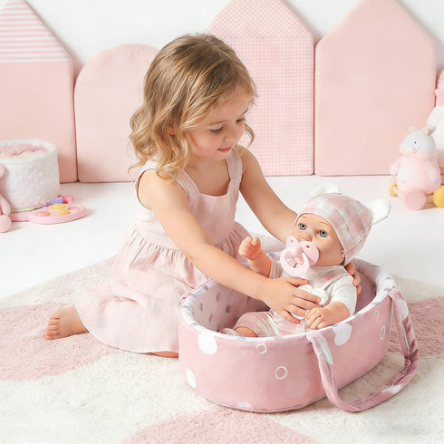 eDollable 12 Inches Set 3+ Baby Doll Toys with Accessories, Includes Doll Carrier Bassinet Bed, Pacifier and Blanket