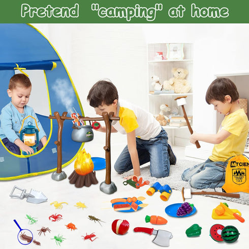 MITCIEN Kids Camping Set with Play Tent, Campfire, Binoculars, Oil Lantern, and Pretend Cutting Fruits for 3-5 Year Olds