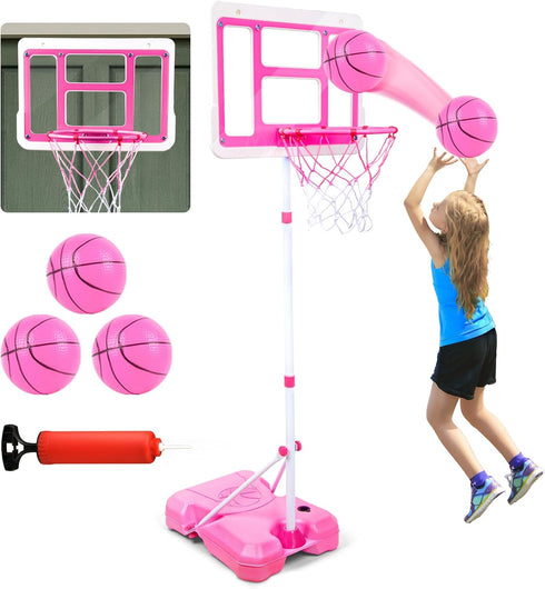 Kids Basketball Hoop with Stand, Adjustable Height 3.5FT-6.2FT, Indoor Outdoor Toys for Girls Age 3-8 (Pink)