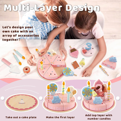 Set, Sets 3-5, 4 5 HERSITY Wooden Birthday Cake Play Wooden Food for Play Kitchen Toy Tea for Toddlers Kids Pretend