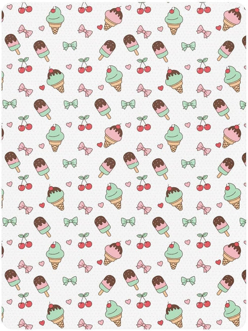 Jynexis 52x28 Ice Cream Cherries White Print Baby Crib Sheets, Cotton Fitted Crib Sheet, Soft Breathable, Fits Standard