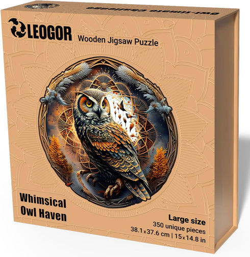 LEOGOR Wooden Puzzle for Adults - Whimsical Owl Haven - 350 Piece Large Nature Inspired Round Mandala