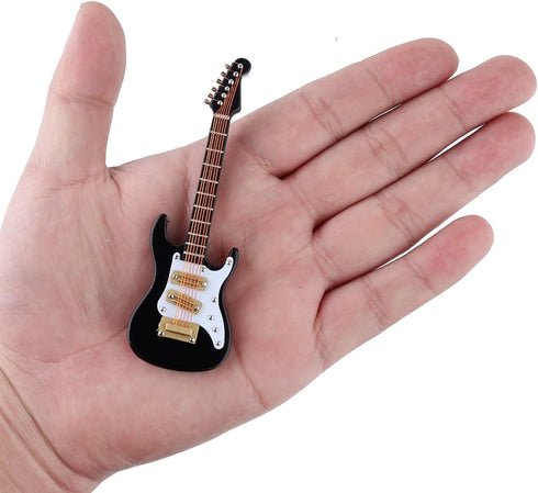 Dselvgvu Wooden Miniature Electric Guitar with Stand, Black Model for Dollhouse Decoration, 3.92"x1.24"x0.37"