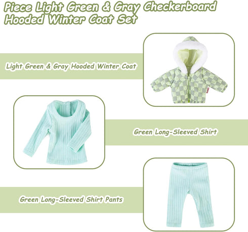 Doll Clothes 3 Pc. Set - Light Green Grey Plaid Hooded Thick Coat, Checkerboard Jacket, Warm Outfit for 18" Dolls