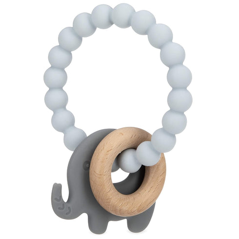 Nuby Elephant Teether Ring: Natural Wood & Silicone, Gray, 3 M+