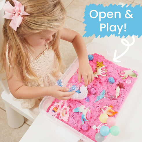38 PCS Unicorn Sensory Sand Bin | Magic Sand for Toddlers with Scooper | Sparkly Pom-Poms for a Magical Fairytale Gift