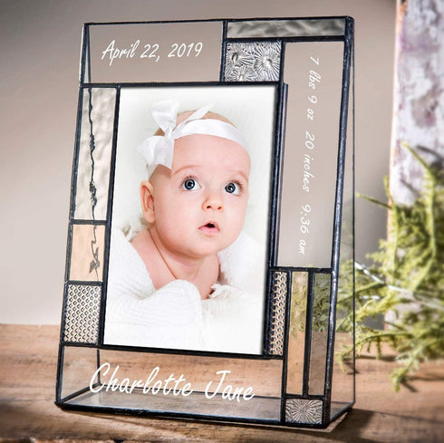 4x6 392-46V EP629 (4x6 Personalized Baby Picture Frame Grey and Yellow Engraved Glass Photo Nursery decor Newborn Gift
