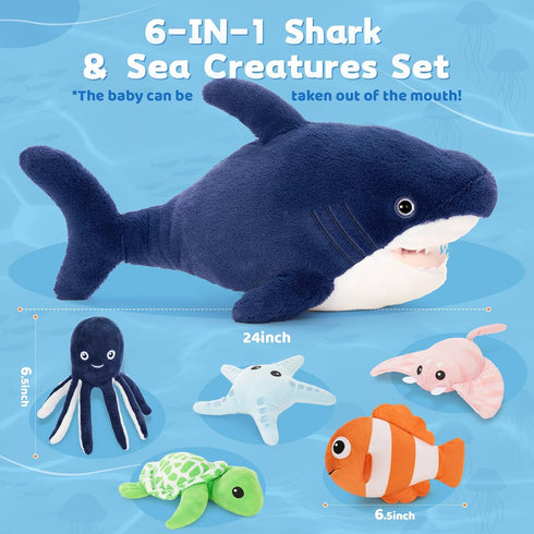 6Pcs 5 MaoGoLan Soft Shark Stuffed Animals with Sea Animals Inside - Bulk Plush Toys Stuffed Shark Stingray Octopus