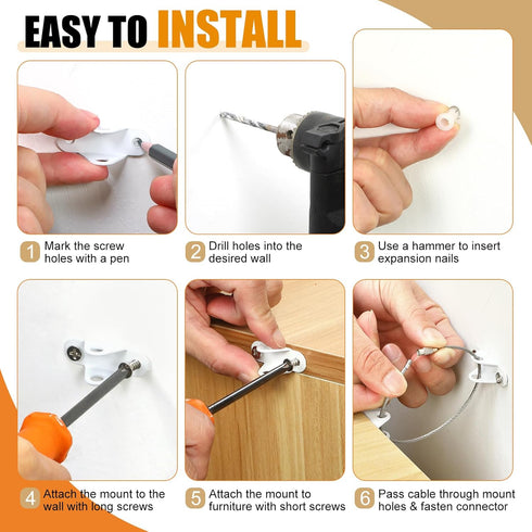 6-Pack Furniture Anchors for Baby Proofing, Anti Tip Straps Safety Kit to Prevent Dresser, Bookshelf, Cabinet from