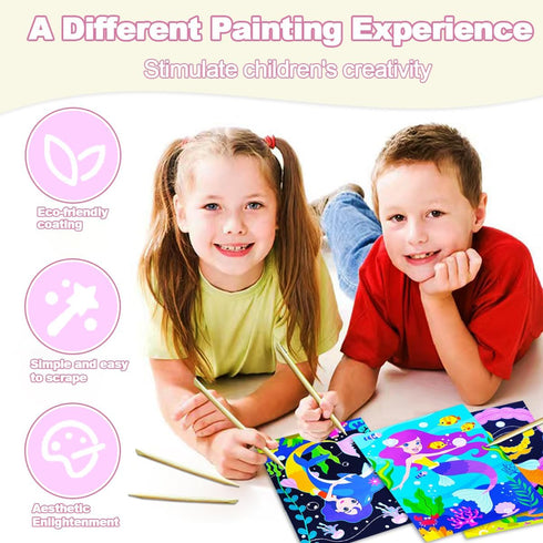 BAOXUE Scratch Art for Kids, Mermaids Black Rainbow Scratch Paper Set for DIY Activity and Party Games