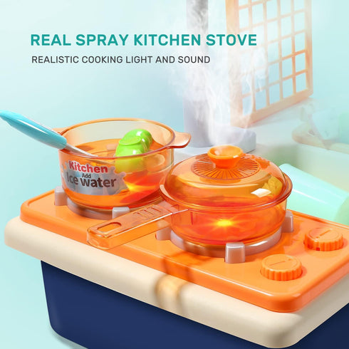 CUTE STONE Pretend Play Kitchen Sink Toys - Cooking Stove with Realistic Light and Sound