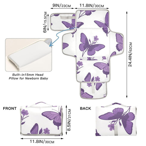 Purple Butterfly Pattern Portable Diaper Changing Pad for Newborn Girl & Boy - Baby Changing Pad Lightweight Waterproof