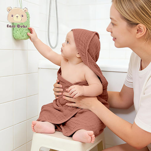 Ease Cubs 3-Pack 100% Series,32" 32") Muslin Hooded Baby Towels, Cotton, Ultra-Soft & Absorbent Baby Bath Towels