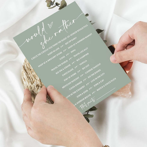Bridal Shower Games Cards, 25Pcs Prefilled Engagement Party Games for Guests, Minimalist Green Wedding Supplies - C19