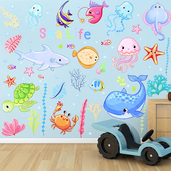 Ocean Life Wall Decals, 4 Sheets Under The Sea Fish Stickers, Colorful Removable Jellyfish Decor for Kids (Adorable