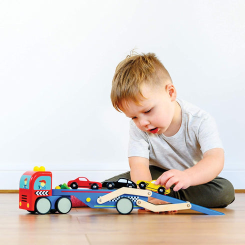 Le Toy Van Motors, Planes & Garages Race Car Transporter Set, Premium Wooden Toys for Kids Ages 3 and Up