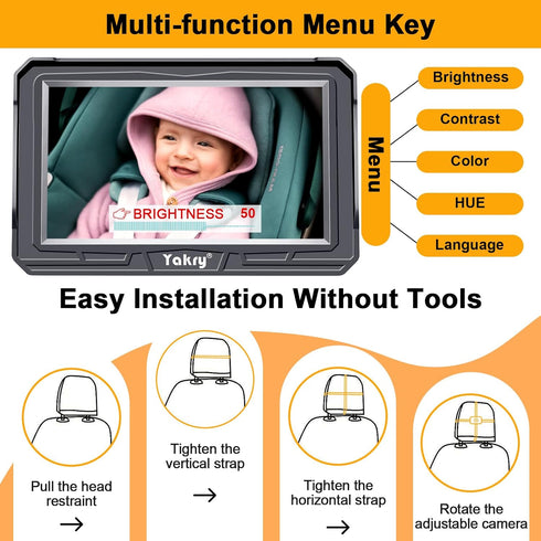 Yakry 1080P, 170 360 Y60 Baby Car Camera for Backseat - HD Wide Angle, Night Vision, Rotation, Safe for Babies, Easy