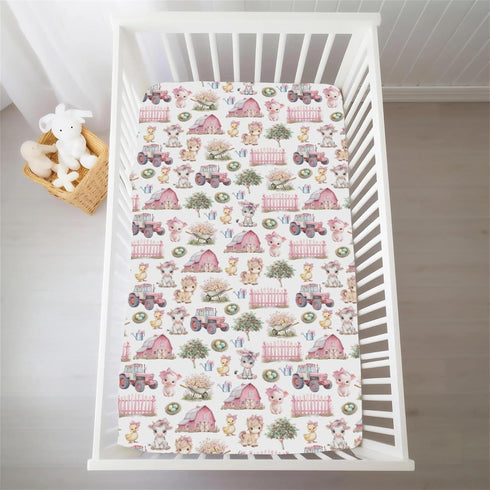 Selgkds 52''x28'' Pink Farm Animals Baby Crib Sheets for Girls Barn Pig Duck Cow Horse Bows Tractors Soft Snug Fitted