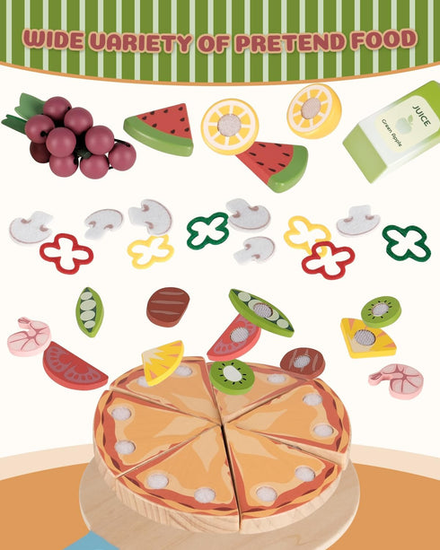 1-3, Playset 3-5, 3 4 5 6 Wooden Pizza Toy, Wooden Food Toys for Toddlers Wooden Play Food with Basket, Pretend Play