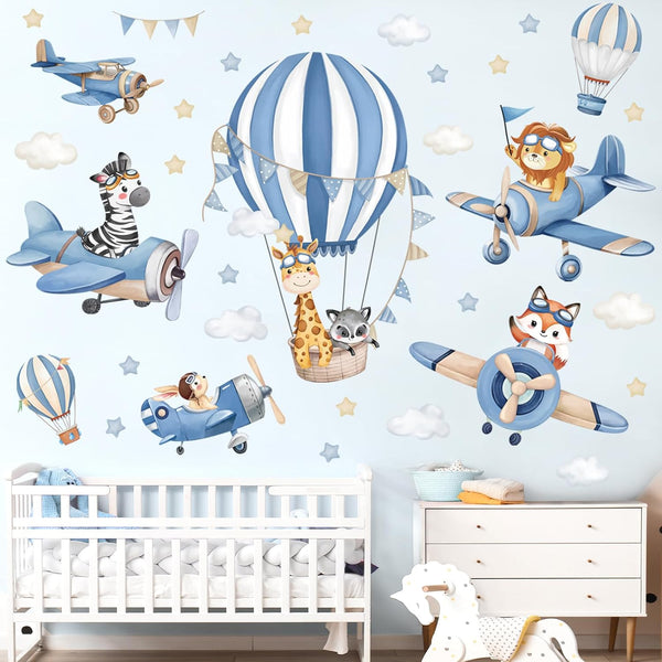 decalmile Blue Hot Air Balloon Animals Wall Decals Airplane Animals Giraffe Lion