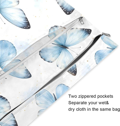 Haskirky 2 Blue Butterflies Watercolor Pcs Cloth Diaper Wet Dry Bags,Waterproof and Washable Bag for Travel Reusable