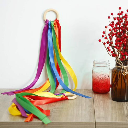 WILLBOND 3 Pieces Rainbow Hand Kite Ribbon, Dancing Ribbon Streamer with Wood Ring Educational Toys