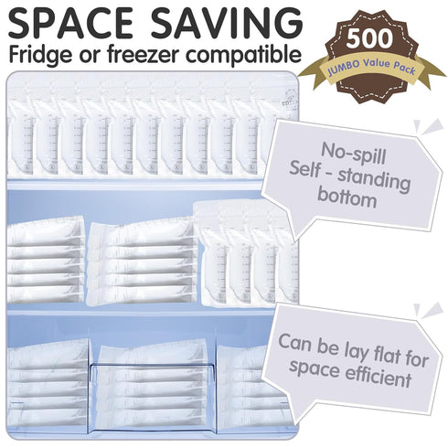 500 Count 6 oz Frienda Breastmilk Storage Bags Breast Milk Bags for Freezing Self Standing Breast Milk Storing Bags
