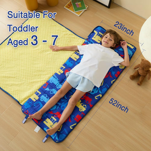 beeweed Toddler Nap Mat, Rollup Kid Sleeping Mat with Removable Pillow & Minky Blanket for Daycare