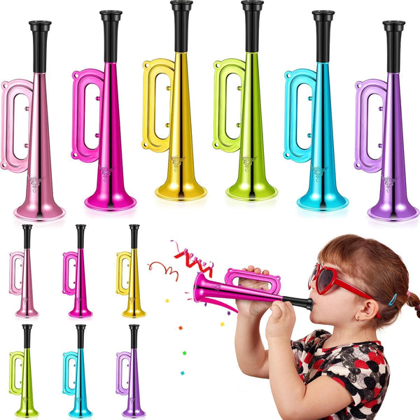Poen 12 Pcs Mini Metallic Trumpet Musical Instruments, Plastic Noise Makers for Kids Events, Party Favors 7 Inch